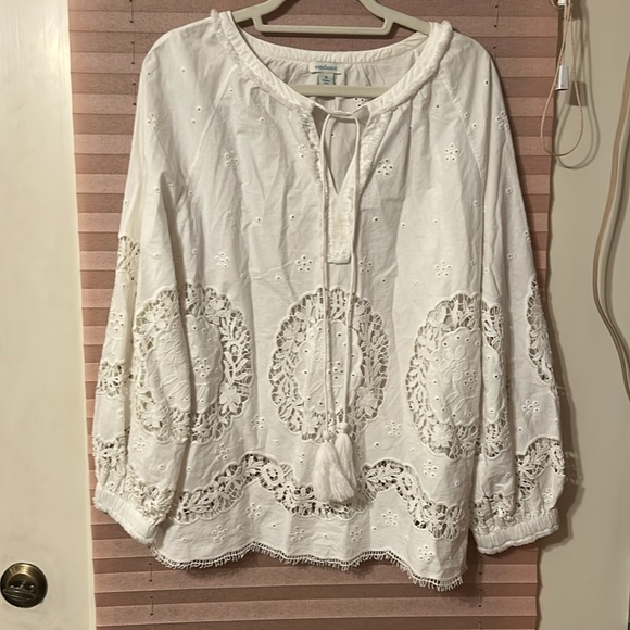 Sundance Tops - Sundance Top Embroidered Eyelet White Long Sleeve Tassle Tie Boho Blouse Medium
